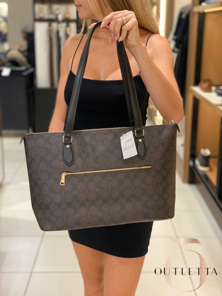 Gallery Tote In Signature Canvas - Gold/Brown Black Handbags